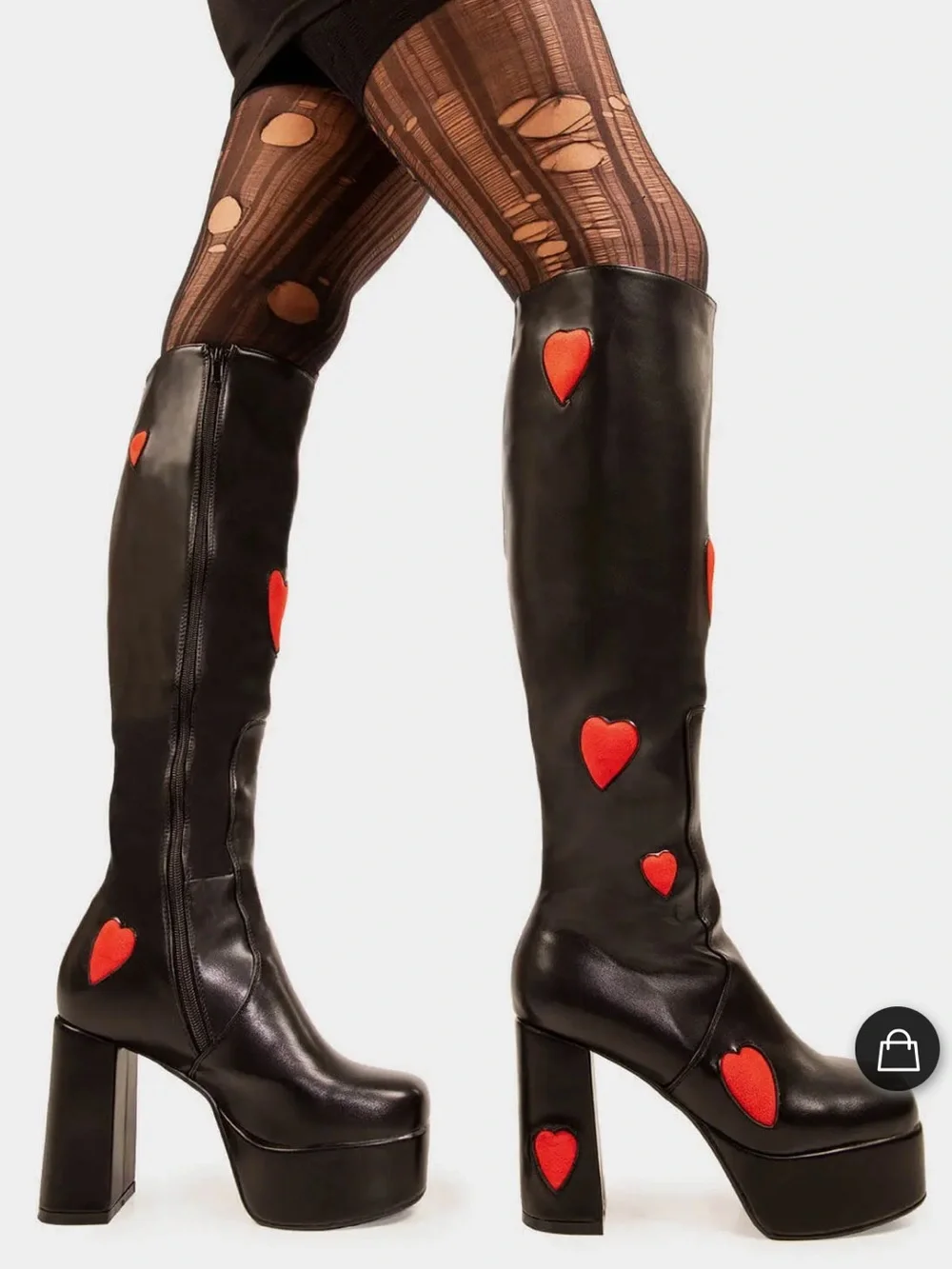 NEW Lamoda Hearts Black Faux Leather Heart Chunky Platform Knee High Boots Heels